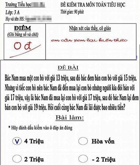 “Đau đầu” với bài toán tính lãi bán bò của học sinh lớp 3