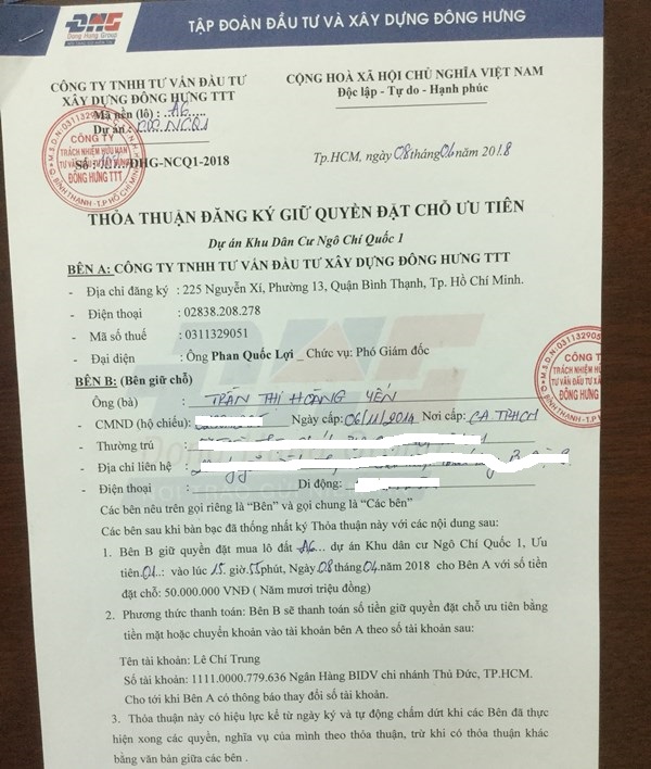 Giữ tiền đặt cọc, Đông Hưng Group cắt liên lạc với khách hàng?