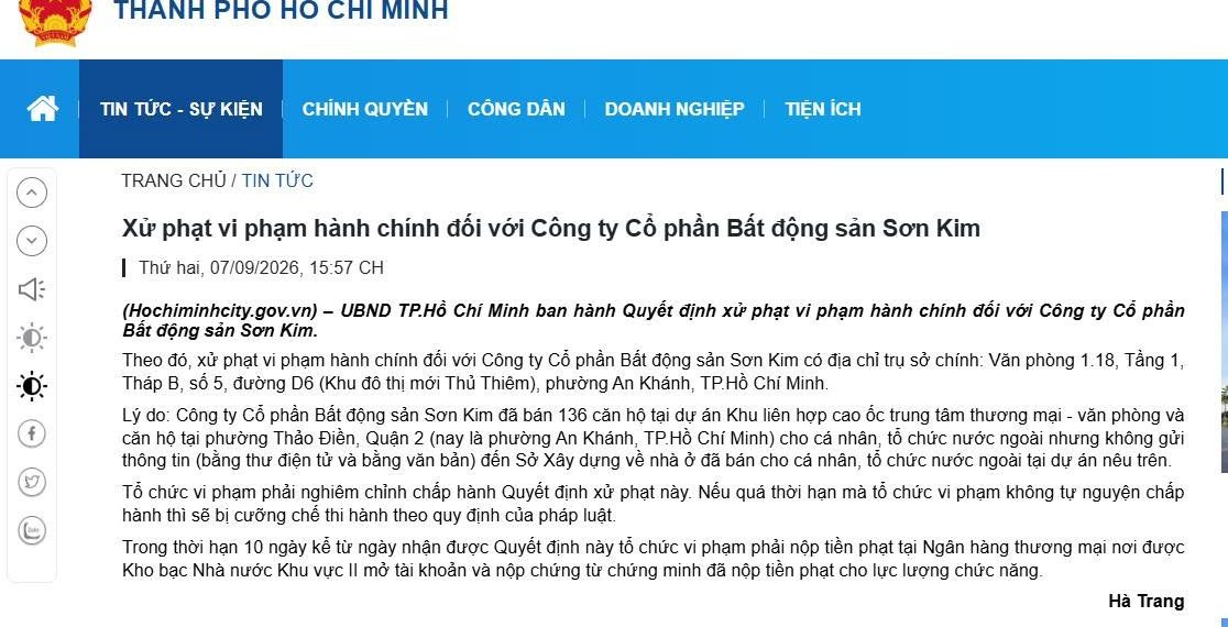 Xử phạt vi phạm hành chính đối với Công ty Cổ phần Bất động sản Sơn Kim
